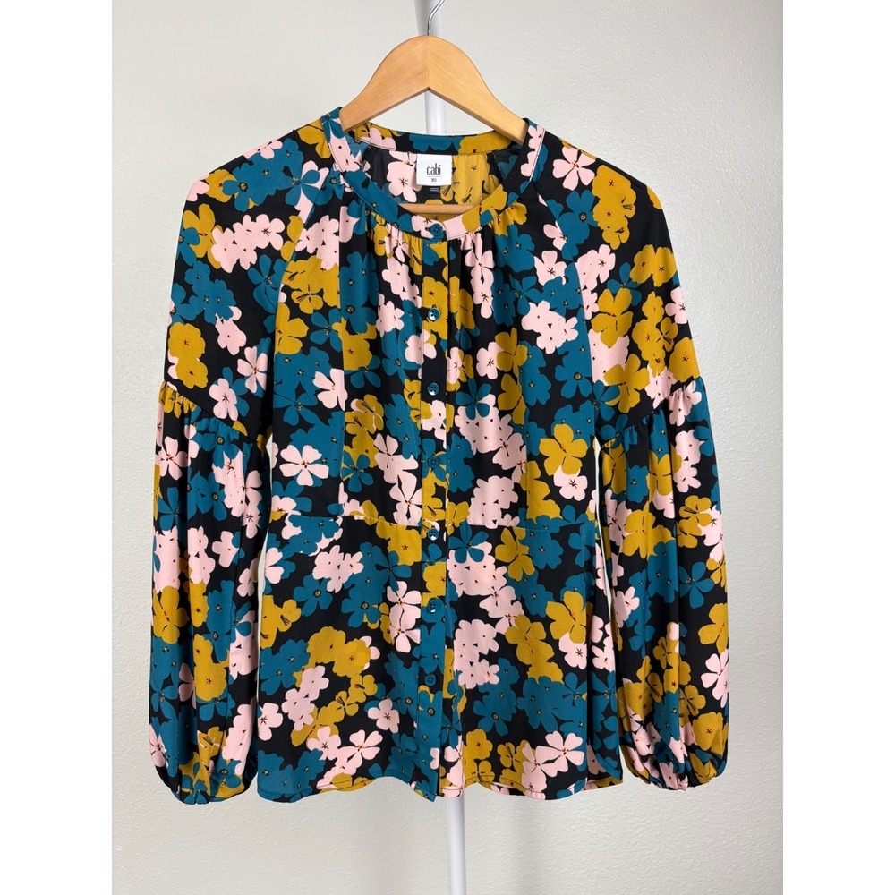Cabi Floral Bishop Sleeve Button Front Blouse XS Teal Mustard Pink Black Career